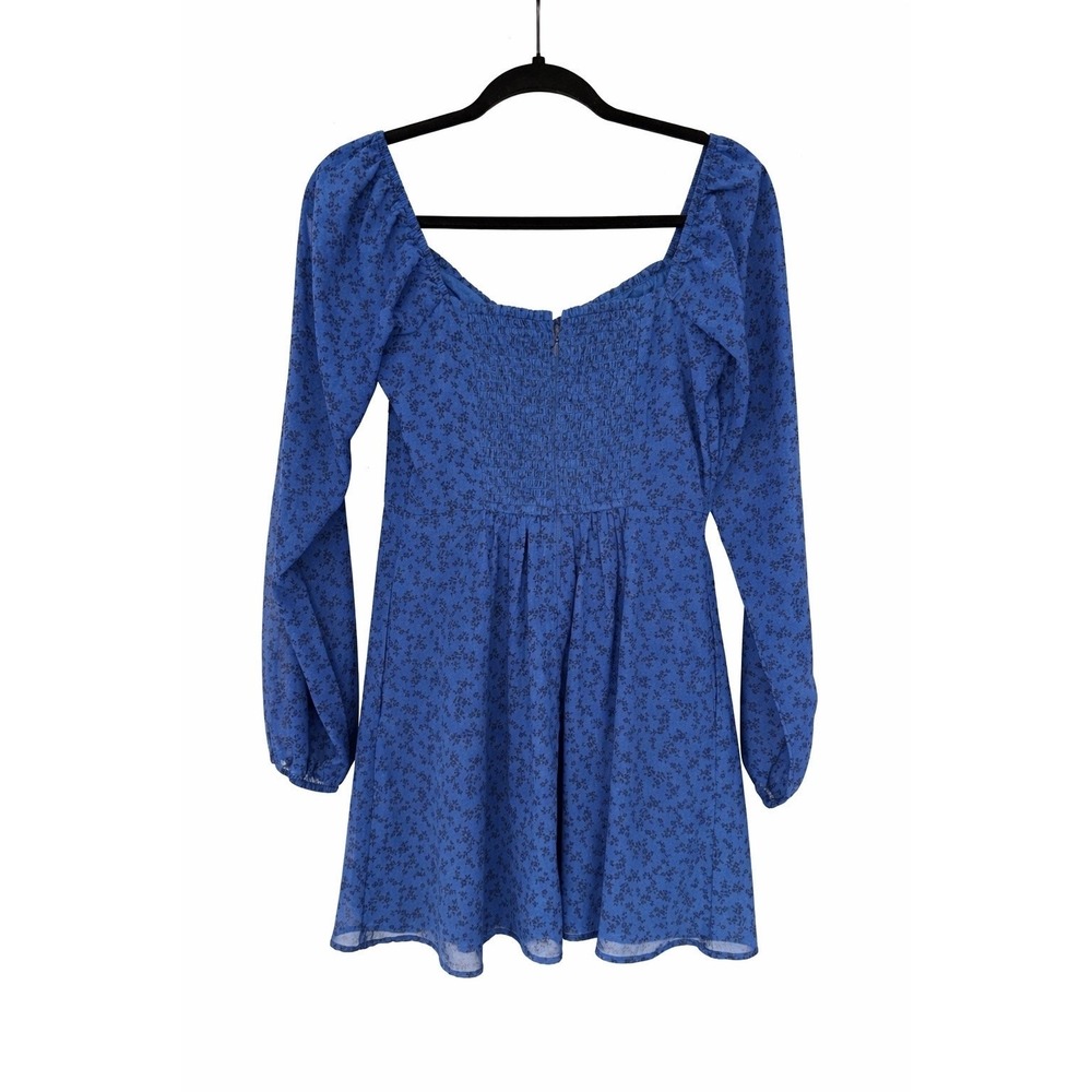 Hollister Blue Floral Mini Dress Medium Smocked Babydoll Puff Sleeve Y2K - Picture 3 of 11